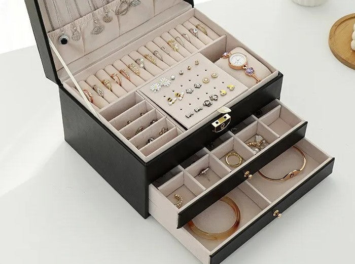 Grande Boîte à Bijoux en Cuir Multicouche - Organisation Élégante et Pratique