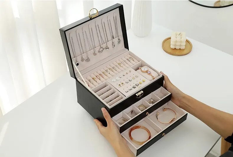 Grande Boîte à Bijoux en Cuir Multicouche - Organisation Élégante et Pratique